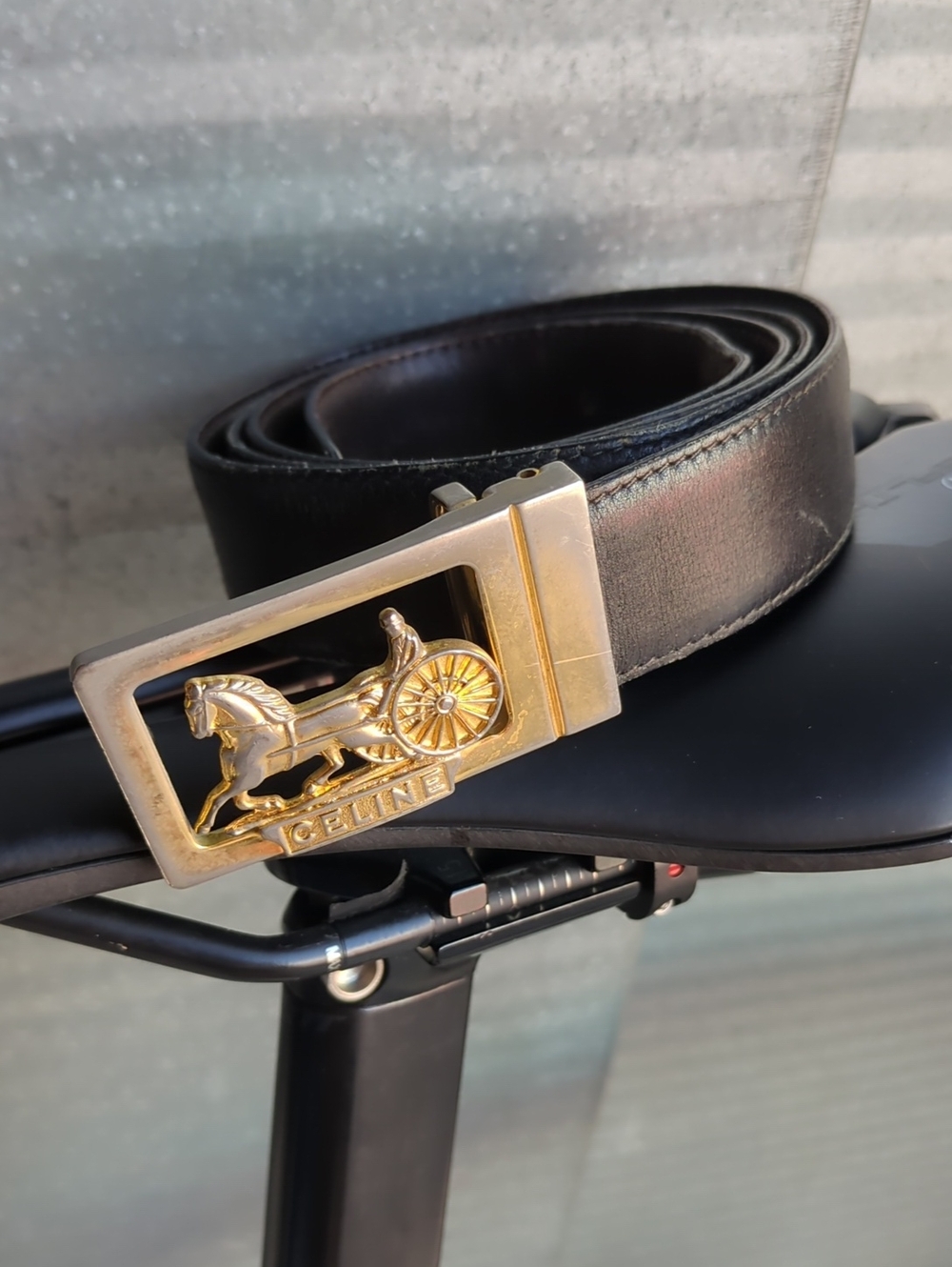 Celine Black Leather Belt with Gold Horse & Cart Buckle